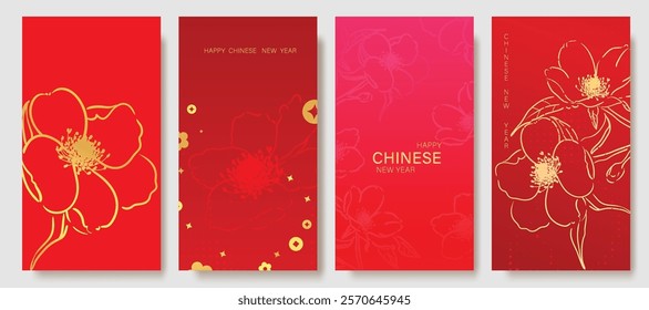Chinese New Year 2025 hongbao red envelope design vector. Collection of Chinese festival with peony flower, pattern. Elegant oriental illustration for angpao, cover, calendar, ads.