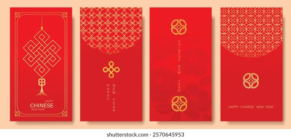 Chinese New Year 2025 hongbao red envelope design vector. Collection of Chinese festival with Chinese hanging, peony flower, pattern. Elegant oriental illustration for angpao, cover, calendar, ads.