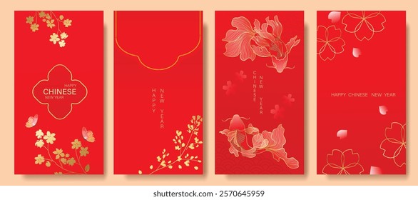 Chinese New Year 2025 hongbao red envelope design vector. Collection of Chinese festival with flower, butterfly, fish, pattern. Elegant oriental illustration for angpao, cover, website, calendar, ads.