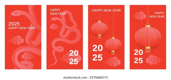 Chinese New Year 2025 hongbao red envelope design vector. Collection of Chinese festival with snake, flower, lantern, pattern. Elegant oriental illustration for angpao, cover, website, calendar, ads.