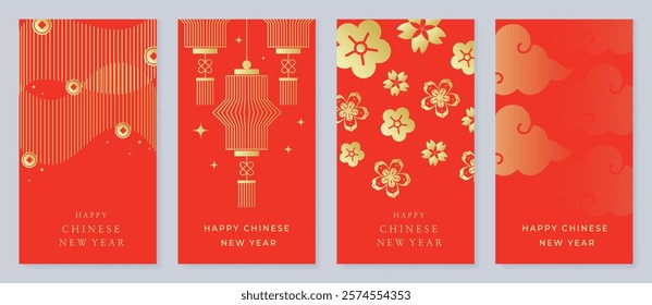 Chinese New Year 2025 hongbao red envelope design vector. Collection of Chinese festival with lantern, flower, cloud, pattern. Elegant oriental illustration for angpao, cover, website, calendar, ads.