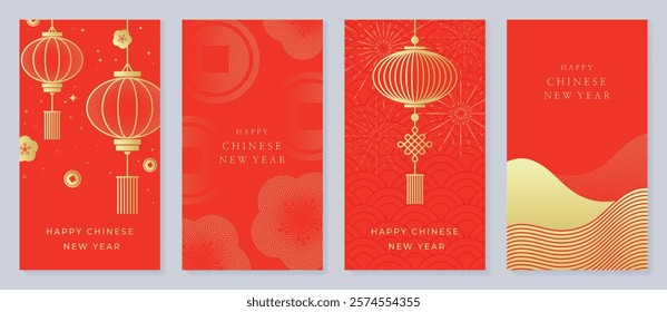 Chinese New Year 2025 hongbao red envelope design vector. Collection of Chinese festival with lantern, flower, cloud, pattern. Elegant oriental illustration for angpao, cover, website, calendar, ads.