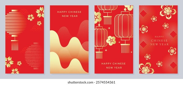 Chinese New Year 2025 hongbao red envelope design vector. Collection of Chinese festival with lantern, flower, cloud, pattern. Elegant oriental illustration for angpao, cover, website, calendar, ads.