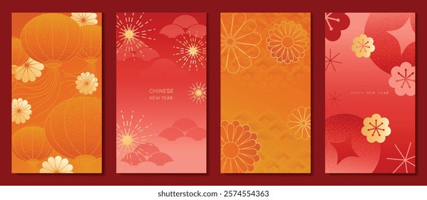 Chinese New Year 2025 hongbao red envelope design vector. Collection of Chinese festival with lantern, flower, cloud, pattern. Elegant oriental illustration for angpao, cover, website, calendar, ads.