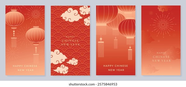 Chinese New Year 2025 hongbao red envelope design vector. Collection of Chinese festival with lantern, sea wave, firework. Elegant oriental illustration for angpao, cover, website, calendar, ads.