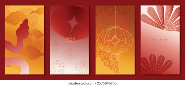 Chinese New Year 2025 hongbao red and gold envelope design vector. Collection of Chinese festival with lantern, snake, wave,dot texture. Elegant oriental illustration for angpao, cover, calendar, ads.