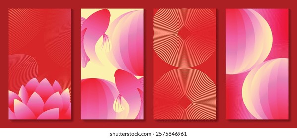 Chinese New Year 2025 hongbao red envelope design vector. Collection of Chinese festival with lantern, fish, lotus flower. Elegant oriental illustration for angpao, cover, website, calendar, ads.