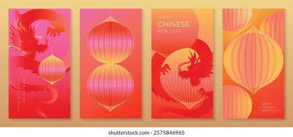 Chinese New Year 2025 hongbao red envelope design vector. Collection of Chinese festival with lantern, dragon, line. Elegant oriental illustration for angpao, cover, website, calendar, ads.
