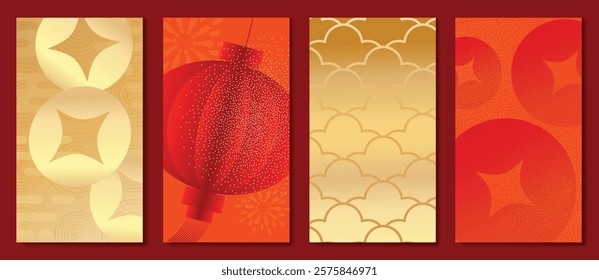 Chinese New Year 2025 hongbao red and gold envelope design vector. Collection of Chinese festival with lantern, coin, wave,spot texture. Elegant oriental illustration for angpao, cover, calendar, ads.