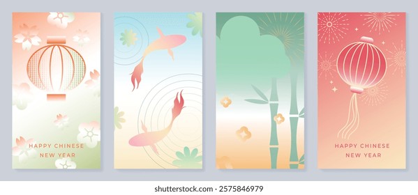 Chinese New Year 2025 hongbao colorful envelope design vector. Collection of Chinese festival with lantern, fish, flower firework. Elegant oriental illustration for angpao, cover, calendar, ads.