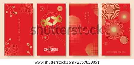 Chinese New Year 2025 hongbao red envelope design vector. Collection of Chinese festival with lantern, wave, flower, halftone. Elegant oriental illustration for ang pao, cover, calendar, ads.