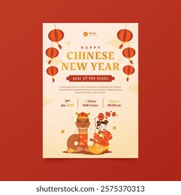 Chinese new year 2025 illustration on poster template, Wood snake with cute chinese girl, Vector design