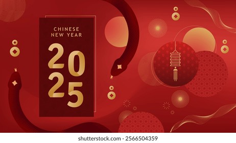 Chinese New Year 2025. Japanese, Korean and Chinese style lunar new year. Golden Year of the Snake. Vector illustration.