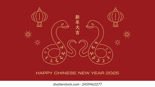 Chinese new year 2025 line art with zodiac snake couple on chinese lanterns background. Twins snakes for chinese new year of the snake celebration. Chinese text wishes good luck for new year.