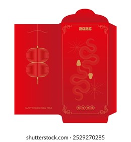 Chinese new year 2025 lucky red envelope for the year of the Snake. Traditional money pocket. Translation - happy new year, snake. Paper cut style. Vector template