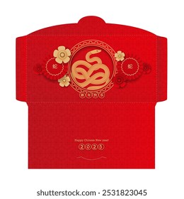 Chinese new year 2025 lucky red envelope for the year of the Snake. Traditional money pocket with flowers and paper parasols. Translation - happy new year, snake. Paper cut style. Vector template