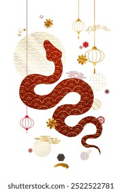 Chinese new year 2025, lunar year of Snake. Red, gold symbols with zodiac Snake illustrations, greeting traditional Chinese vector designs with horoscope snakes, Happy New Year geometric modern vector
