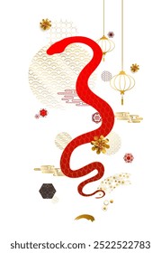Chinese new year 2025, lunar year of Snake. Red, gold symbols with zodiac Snake illustrations, greeting traditional Chinese vector designs with horoscope snakes, Happy New Year geometric modern vector
