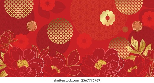 Chinese new year 2025 luxury pattern background vector. Oriental peony flower gold line art texture on red background. Design illustration for wallpaper, card, poster, packaging, advertising.