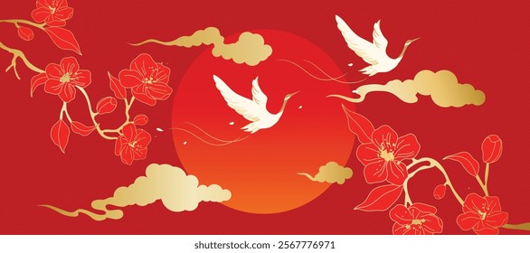 Chinese new year 2025 luxury pattern background vector. Oriental flower, crane birds, moon, cloud on red background. Design illustration for wallpaper, card, poster, packaging, advertising.