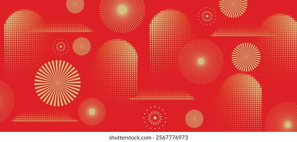 Chinese new year 2025 luxury background vector. Chinese pattern, flower, firework, halftone texture on red background. Design illustration for wallpaper, card, poster, packaging, advertising.