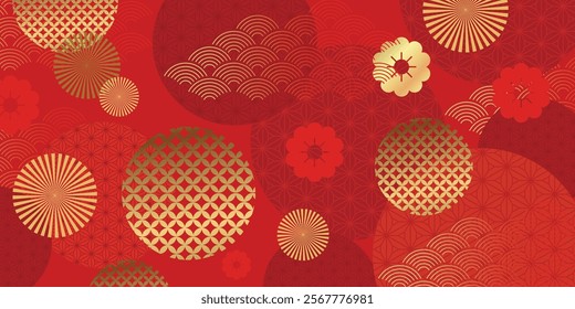 Chinese new year 2025 luxury background vector. Chinese pattern, flower, firework on red background. Design illustration for wallpaper, card, poster, packaging, advertising.