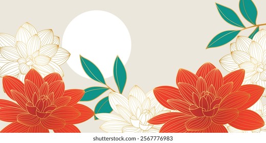 Chinese new year 2025 luxury background vector. Oriental peony flower gold line art texture on white background. Design illustration for wallpaper, card, poster, packaging, advertising.