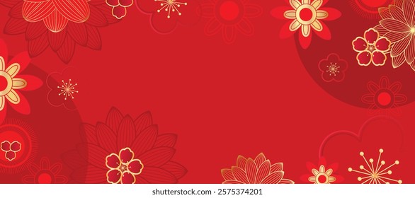 Chinese new year 2025 luxury pattern background vector. Oriental flower, leaves branch, butterfly on red background. Design illustration for wallpaper, card, poster, packaging, advertising.