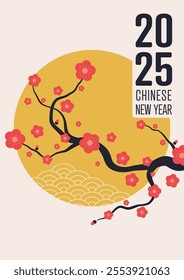 Chinese new year 2025 minimal flat design style decorated with plum blossom and yellow circle. Design element can be used for backdrop, print, brochure, leaflet, banner, vector illustration