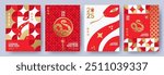 Chinese New Year 2025 modern art design set in red, gold and white colors for cover, card, poster, banner. Chinese zodiac Snake symbol. Hieroglyphics mean Happy New Year and symbol of of the Snake