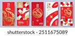 Chinese New Year 2025 modern art design set in red, gold and white colors for cover, card, poster, banner. Chinese zodiac Snake symbol. Hieroglyphics mean Happy New Year and symbol of the Snake