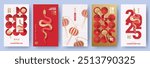 Chinese New Year 2025 modern art design set in red, gold and white colors for cover, card, poster, banner. Chinese zodiac Snake symbol. Hieroglyphics mean Happy New Year and symbol of the Snake