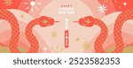 Chinese New Year 2025 modern art design in red, gold and white colors for cover, card, poster, banner with trendy geometric pattern. Hieroglyphics mean Happy New Year and symbol of the Snake