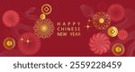 Chinese New Year 2025 modern art design in red,gold and white colors of snake.Year of snake,lunar Chinese 2025 banner template design zodiac snakes,gold flowers symbol background for poster,banner