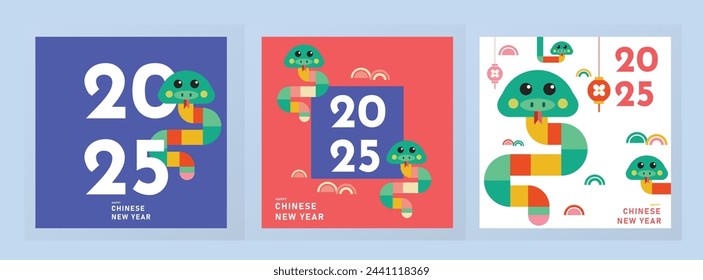 Chinese New Year 2025 modern art design Set for branding covers, cards, posters, banners. Chinese zodiac snake symbol. Hieroglyphics mean wishes of a Happy New Year and symbol year of the snake