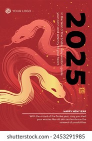 Año Nuevo chino 2025 diseño moderno en rojo, colores dorados para la cubierta, tarjeta, cartel, Anuncio. Plantilla del volante, símbolo chino de la serpiente del zodiaco.