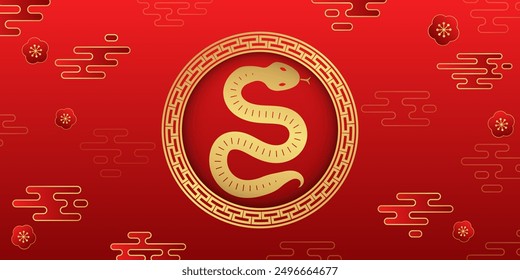 Chinese New Year 2025 modern design in red, gold ,Chinese zodiac Snake symbol. vector illustration