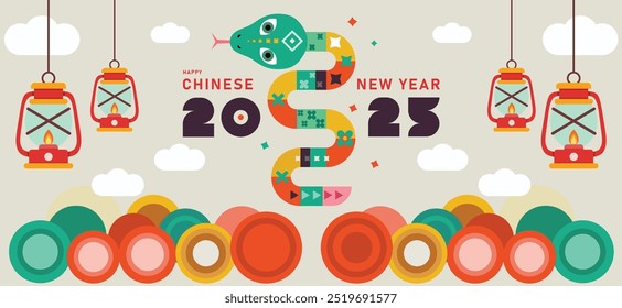 Chinese New Year 2025 modern design, happy Chinese new year 2025, year of the snake template design with white snake, for cover, card, banner. Flyer Template, Chinese zodiac Snake symbol.