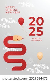 Chinese New Year 2025 modern art design set in red, gold and white colors for cover, card, poster, banner. Chinese zodiac Snake symbol. Hieroglyphics mean Happy New Year and symbol of of the Snake. 