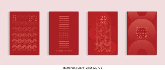 Chinese New Year 2025 modern art design set on red background. Lunar new year 2025 for cover, card, poster, website and banner. Happy New Year and symbol of of the Snake vector design.