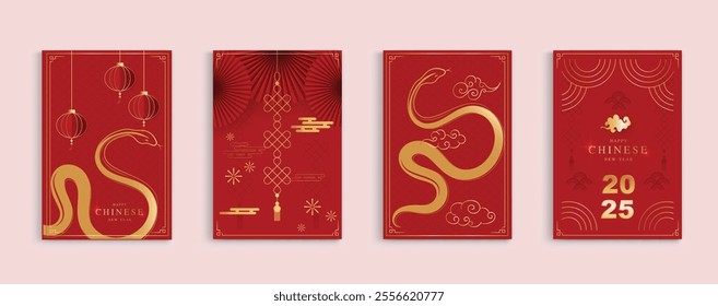 Chinese New Year 2025 modern art design set on red background. Lunar new year 2025 for cover, card, poster, website and banner. Happy New Year and symbol of of the Snake vector design.