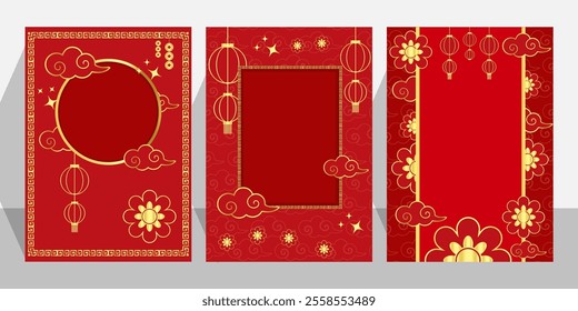Chinese New Year 2025 modern art design set in red, gold, for cover, card, poster,card and background, Lunar new year 2025
