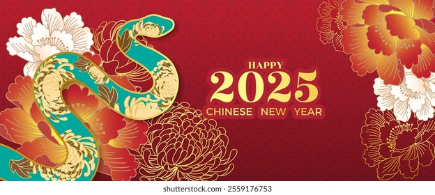 Chinese New Year 2025 modern art design in red,gold and white colors of snake.Year of snake,lunar Chinese 2025 banner template design zodiac snakes,gold flowers symbol background for poster,banner