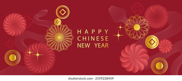 Chinese New Year 2025 modern art design in red,gold and white colors of snake.Year of snake,lunar Chinese 2025 banner template design zodiac snakes,gold flowers symbol background for poster,banner