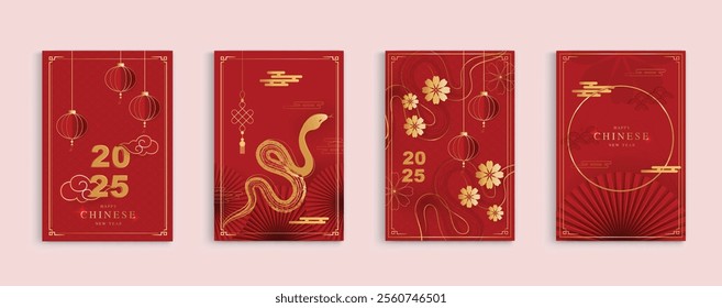 Chinese New Year 2025 modern art design set on red background. Lunar new year 2025 for cover, card, poster, website and banner. Happy New Year and symbol of of the Snake vector design.