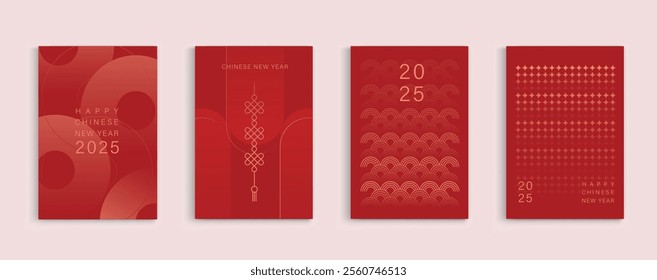 Chinese New Year 2025 modern art design set on red background. Lunar new year 2025 for cover, card, poster, website and banner. Happy New Year and symbol of of the Snake vector design.