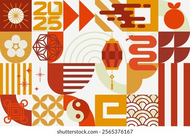 Chinese New Year 2025 with modern geometric element shapenfor cover, poster, banner. Chinese zodiac year of the snake.