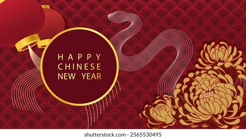 Chinese New Year 2025 modern art design in red,gold and white colors of snake.Year of snake,lunar Chinese 2025 banner template design zodiac snakes,gold flowers symbol background for poster,banner