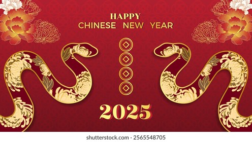 Chinese New Year 2025 modern art design in red,gold and white colors of snake.Year of snake,lunar Chinese 2025 banner template design zodiac snakes,gold flowers symbol background for poster,banner