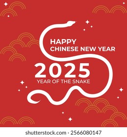 Chinese New Year 2025 modern art design in red, gold and white for cover, card, poster, banner. Chinese zodiac symbol, Snake.